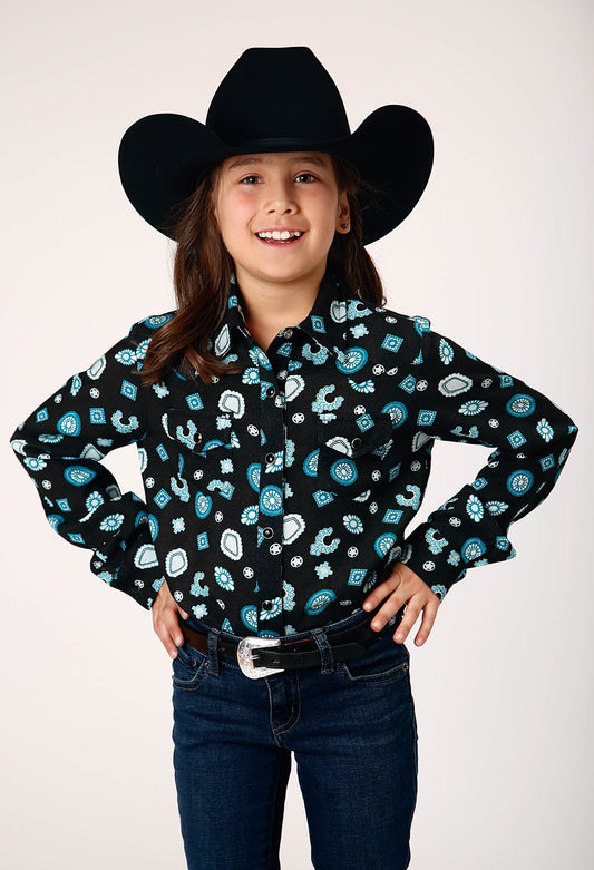Girls Long Sleeve Snap Jewel Print Rayon Western Blouse