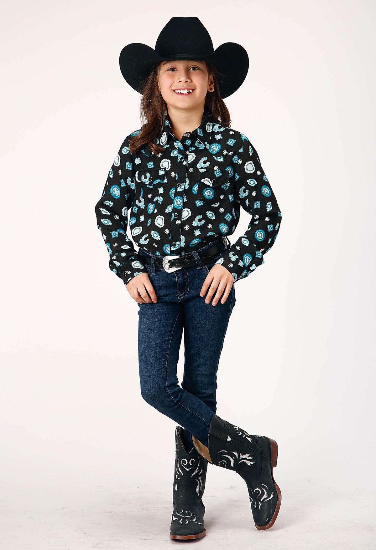 Girls Long Sleeve Snap Jewel Print Rayon Western Blouse