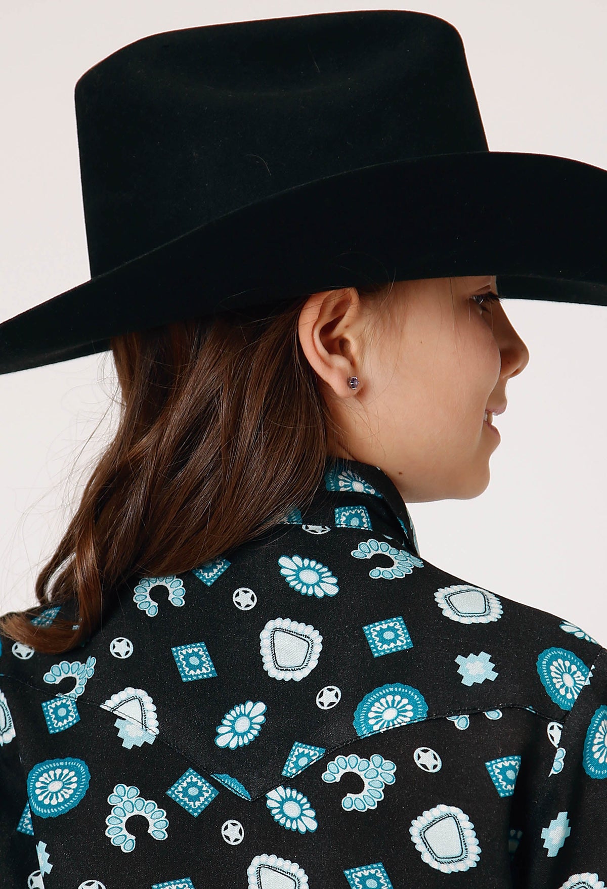 Girls Long Sleeve Snap Jewel Print Rayon Western Blouse