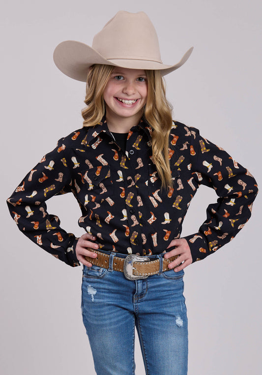 Girls Long Sleeve Snap Boot Printed Rayon Western Shirt