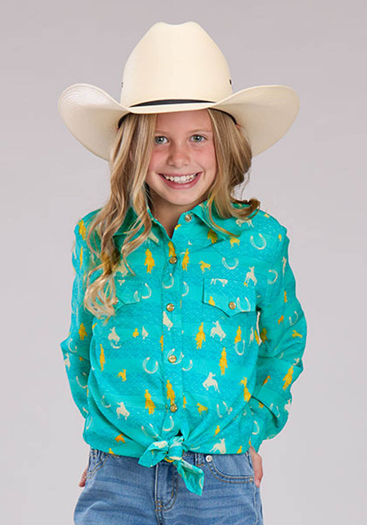 Girls Vintage Aztec Print Rayon Long Sleeve Snap Western Shirt