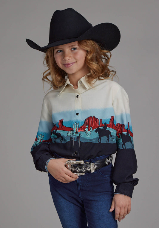 Girls Western Border Printed Rayon Long Sleeve Snap Western Shirt
