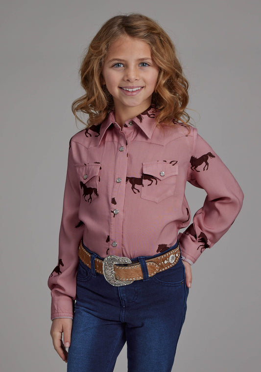 Girls Wild Horses Printed Rayon Long Sleeve Snap Western Shirt