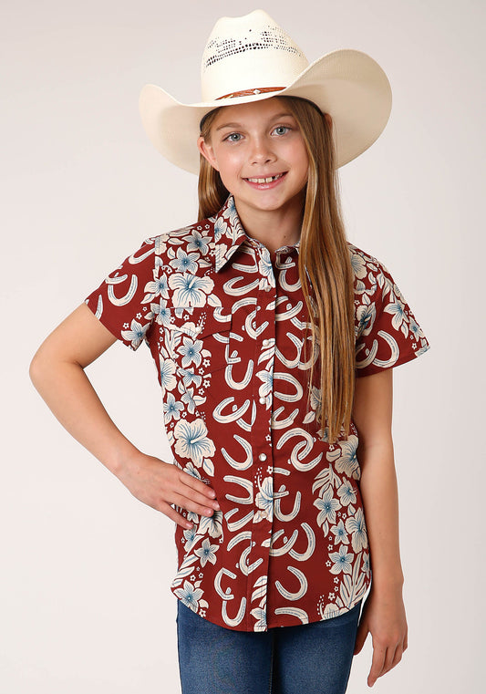 Girls Short Sleeve Snap Hawaiian Horseshoes Print Western Shirt