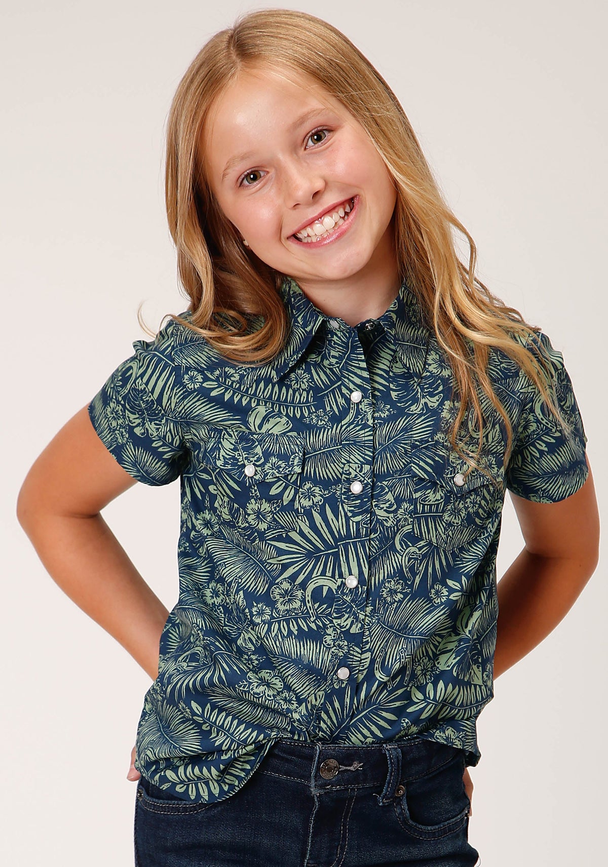 Girls Short Sleeve Snap Lucky Tropical Print Western Shirt