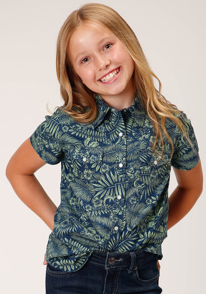 Girls Short Sleeve Snap Lucky Tropical Print Western Shirt