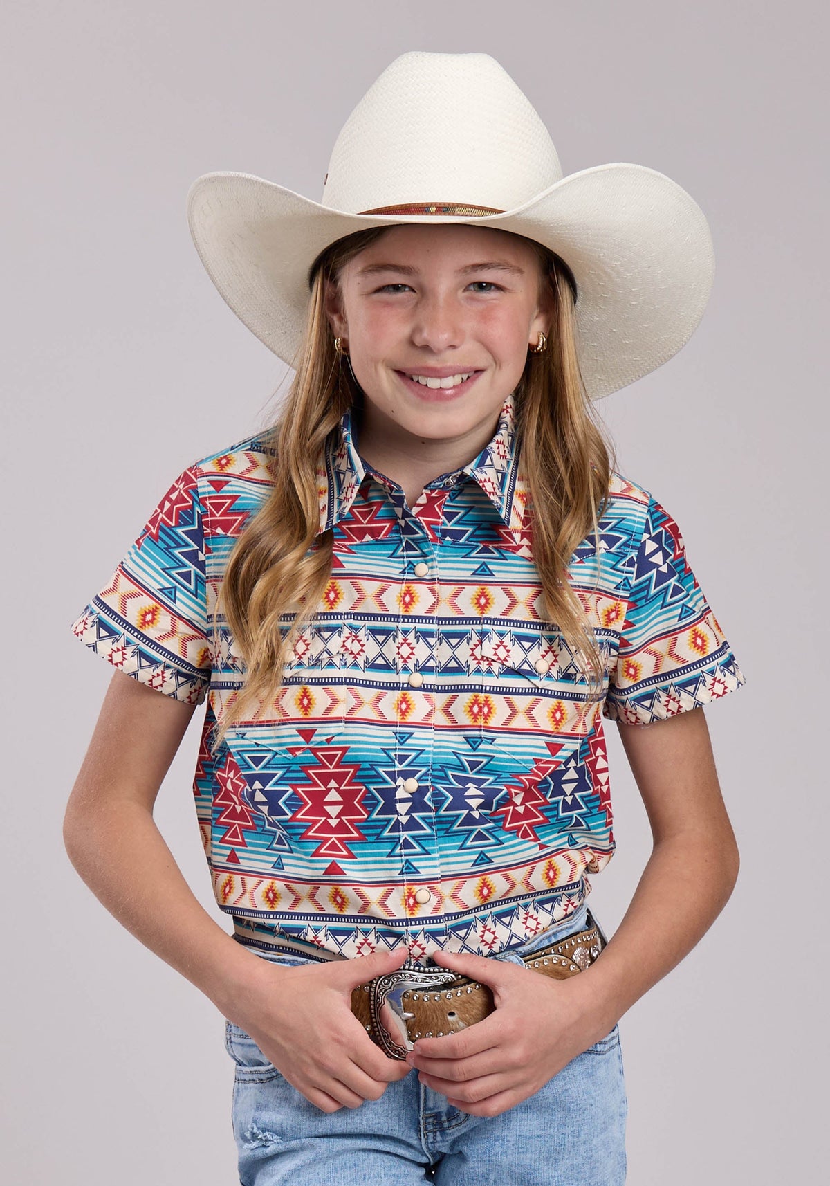 Girls Roper Horizontal Aztec Blanket Stripe Short Sleeve Shirt