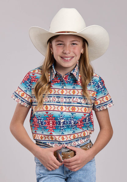Girls Roper Horizontal Aztec Blanket Stripe Short Sleeve Shirt