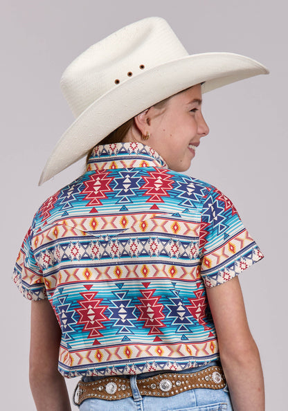 Girls Roper Horizontal Aztec Blanket Stripe Short Sleeve Shirt