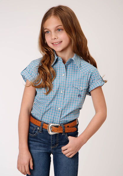 Girls Short Sleeve Snap Stretch Check Western Shirt