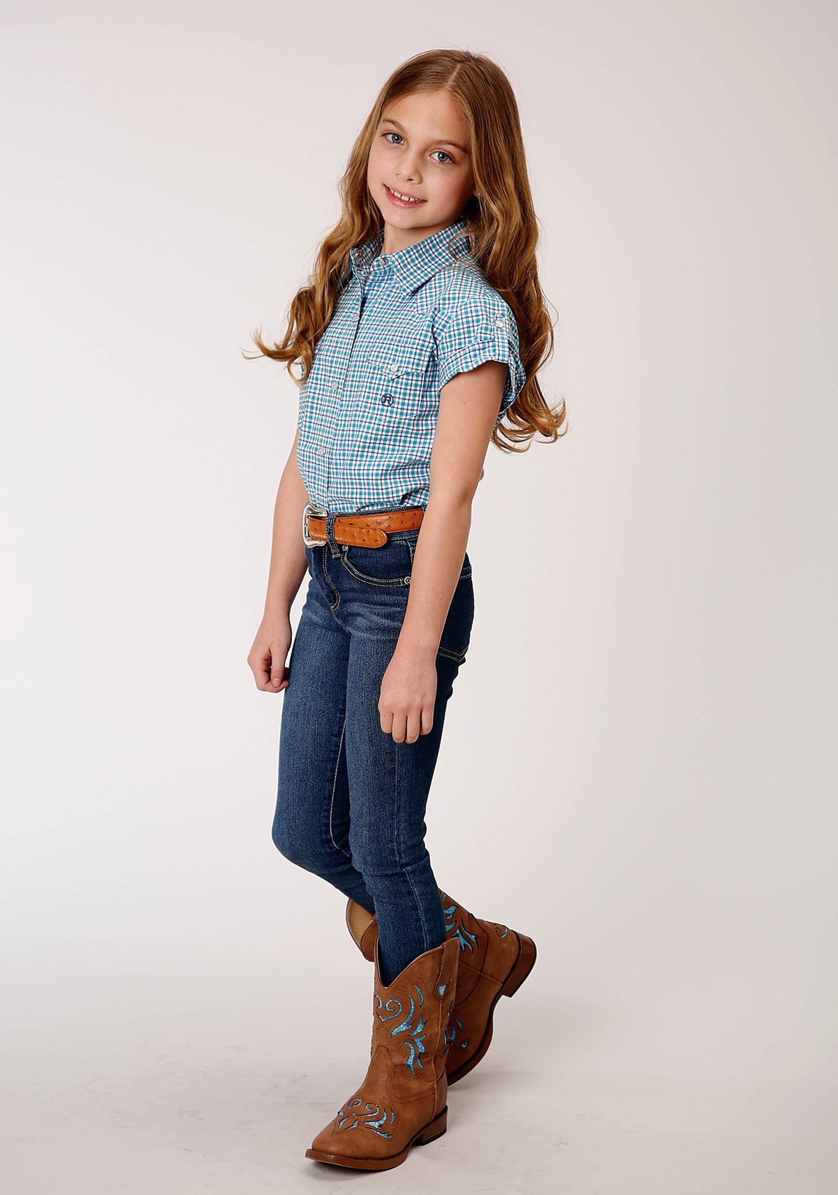Girls Short Sleeve Snap Stretch Check Western Shirt