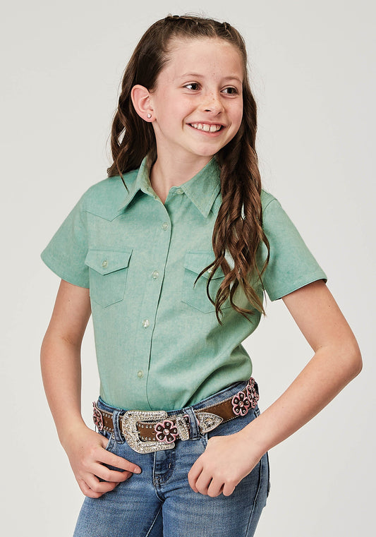 Girls Short Sleeve Button Light Blue Denim Western Blouse With 1 Point Fron