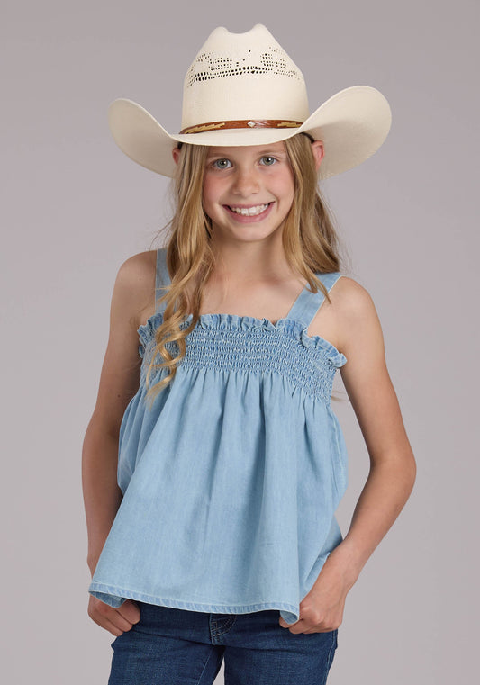 Girls Light Blue Denim Babydoll Tank Sleeveless Pullover Western Shirt