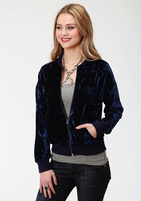 Womens Navy Blue Crushed Velvet  Zip Front Jacket