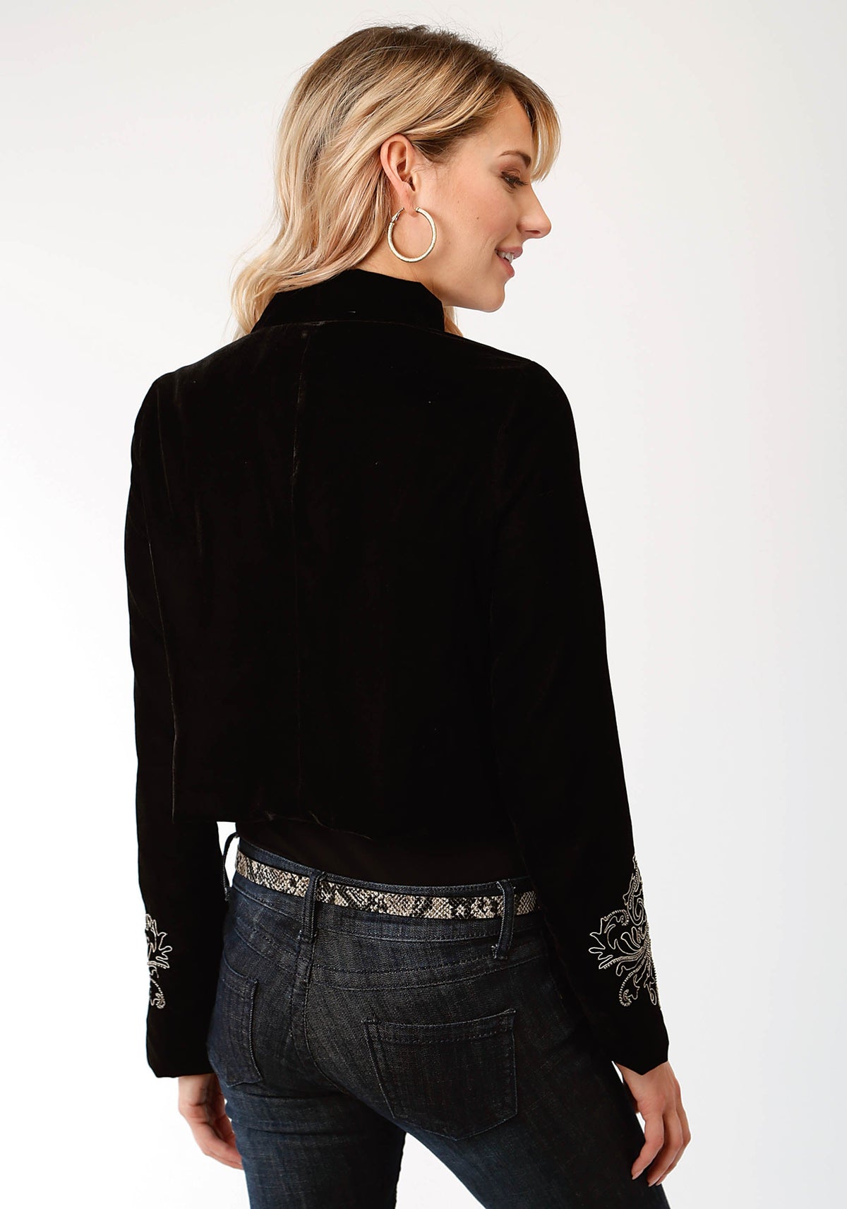 Womens Solid Black Velvet With Embroidery Zip Front Jacket