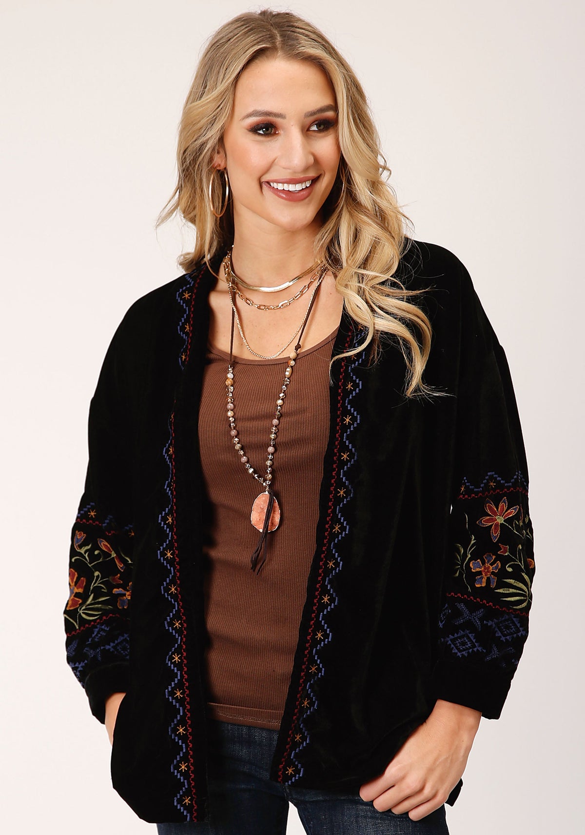 Womens Black Velvet Open Front Jacket