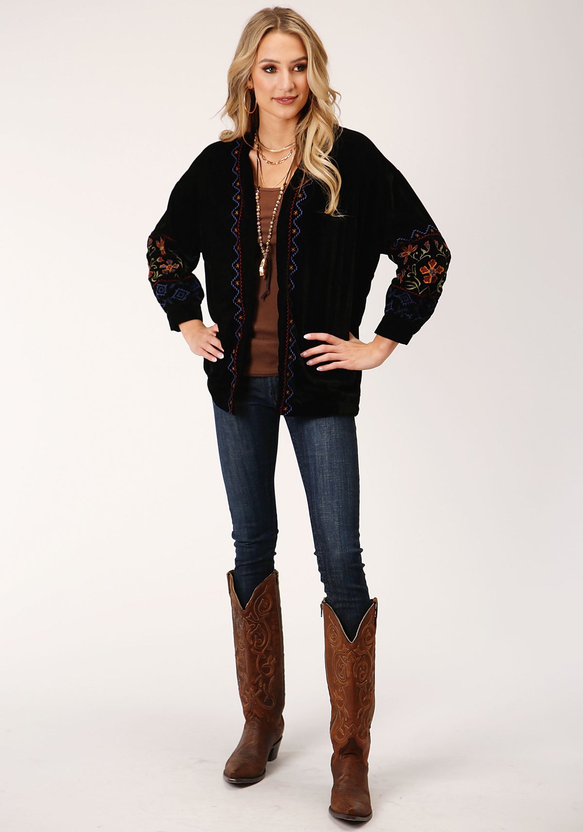 Womens Black Velvet Open Front Jacket