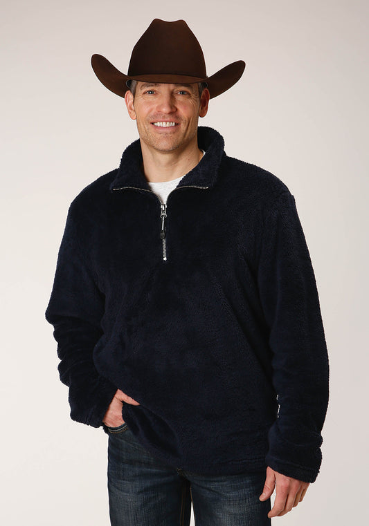Mens Solid Blue Polar Fleece Pullover