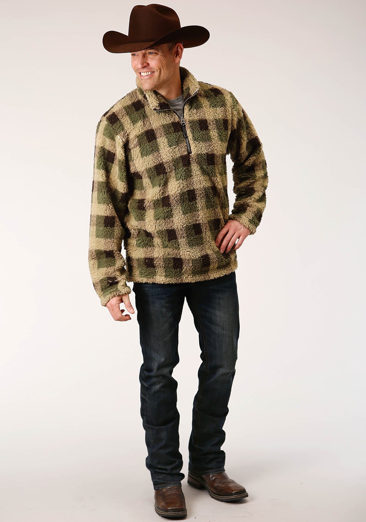 Mens Grey Brown Check Print Polar Fleece Pullover
