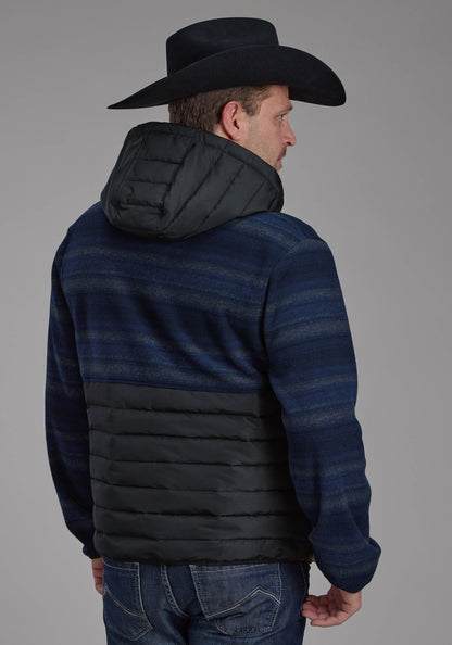 Mens Blue Gray Print Fleece Nylon Combo Zipper Jacket
