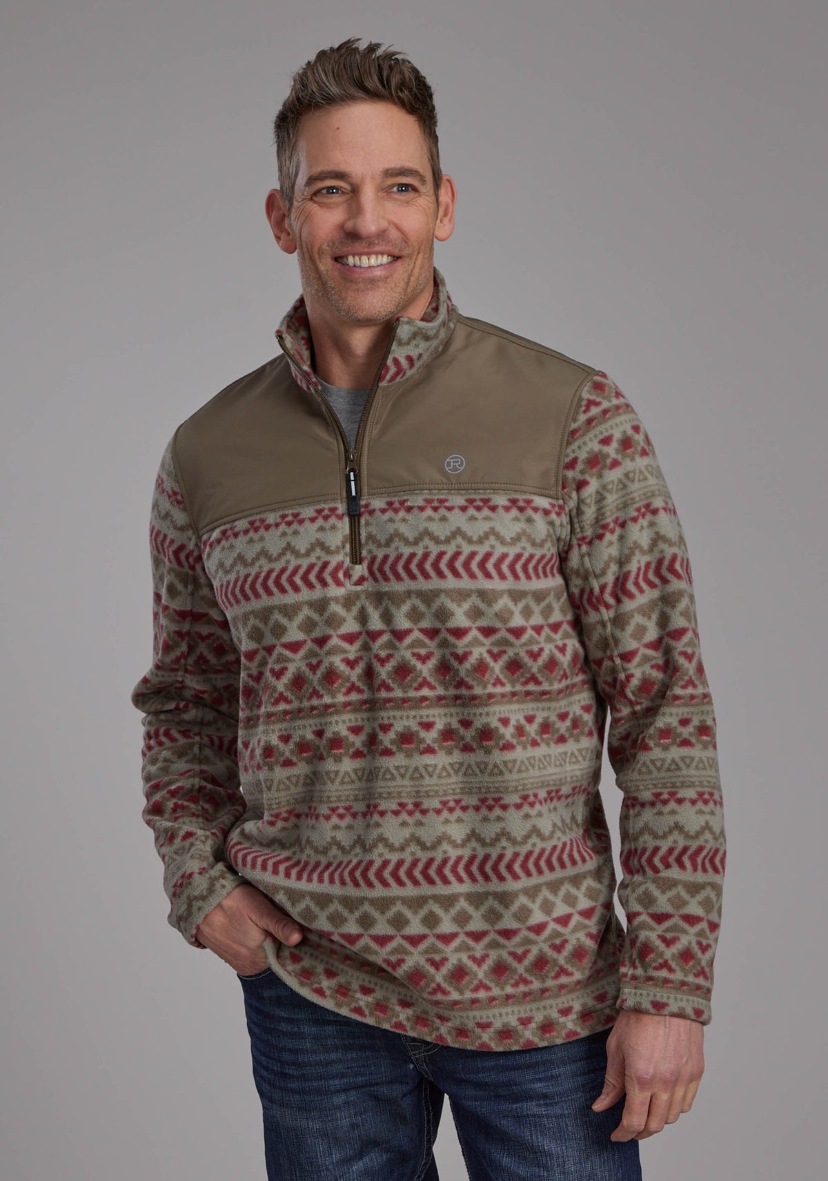 Mens Red Olive Aztec Print Micro Fleece Zipper Jacket