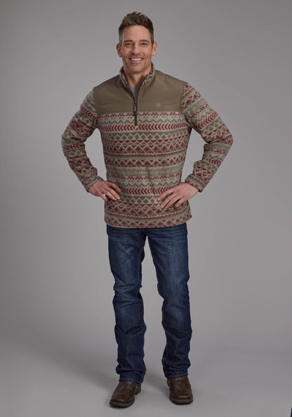 Mens Red Olive Aztec Print Micro Fleece Zipper Jacket