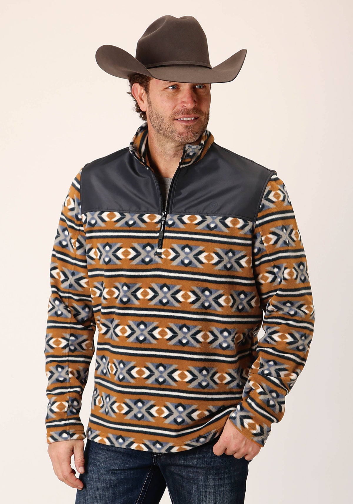 Mens Orange Aztec Print Micro Fleece Pullover