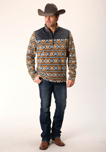 Mens Orange Aztec Print Micro Fleece Pullover