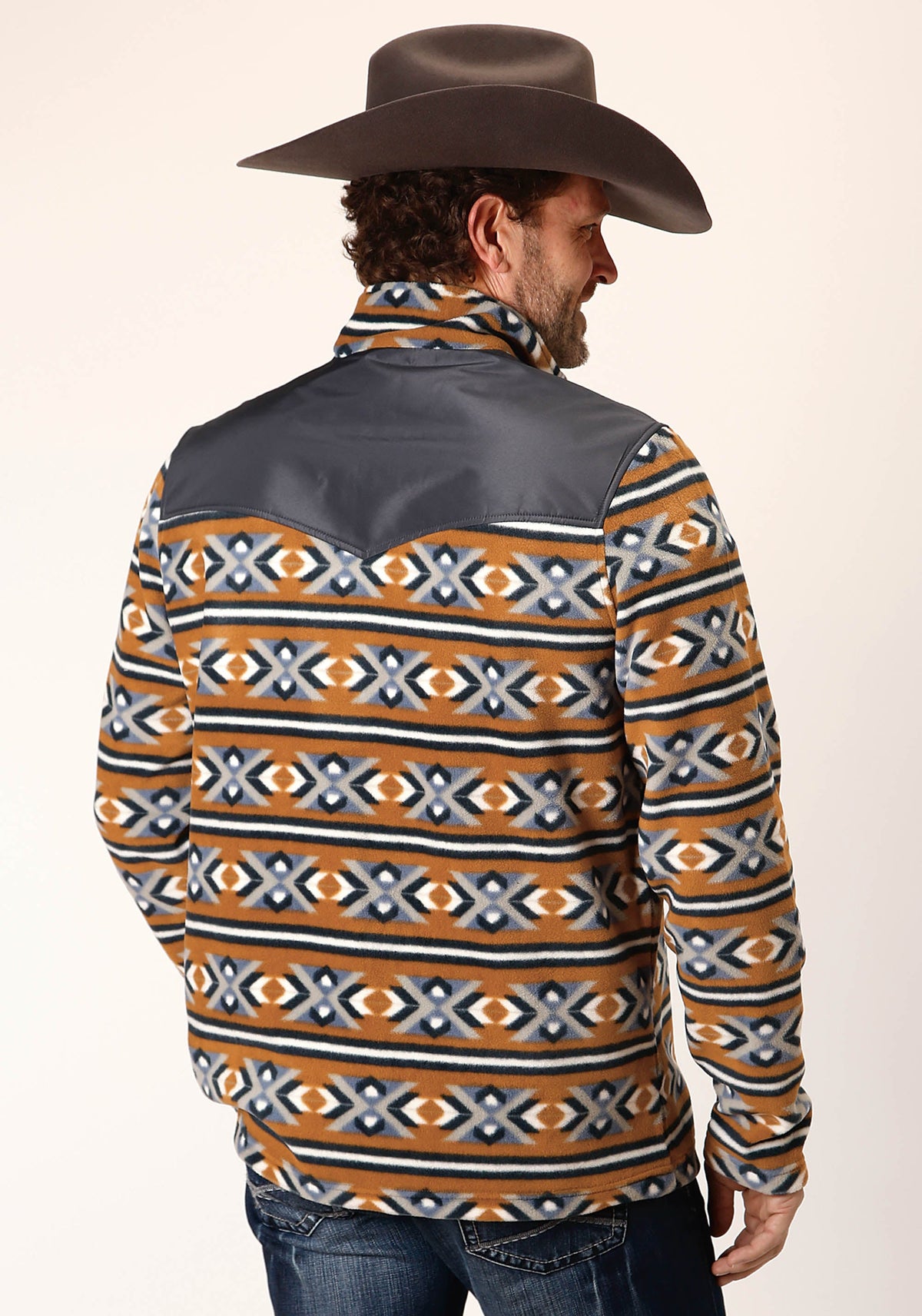 Mens Orange Aztec Print Micro Fleece Pullover