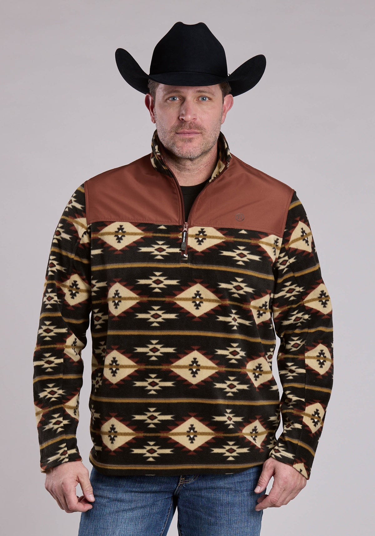 Mens Jacket Zipper Black Go Rt Aztec Print Micro Fleece Western Jacket