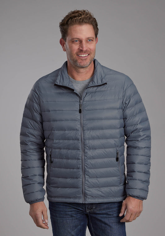 Mens Silver Blue Down Proof Coated Zipper Jacket