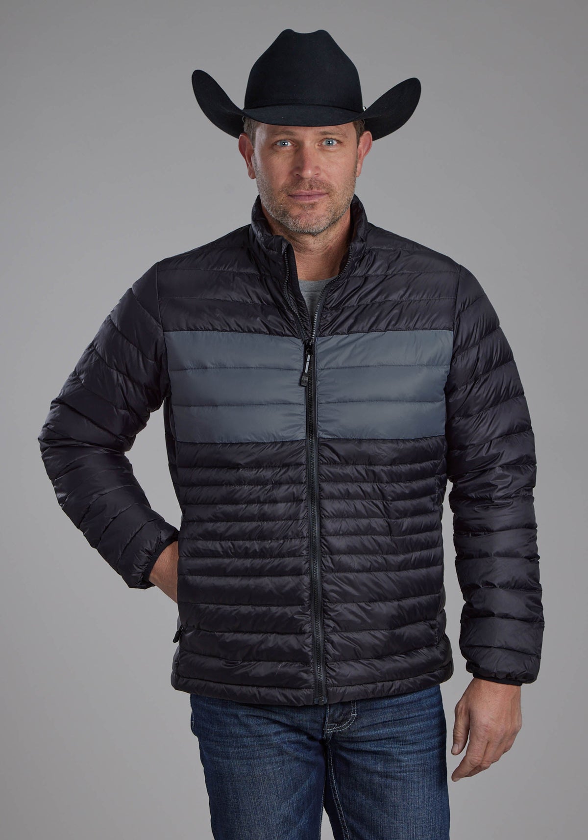Mens Black Nylon Down Zipper Jacket