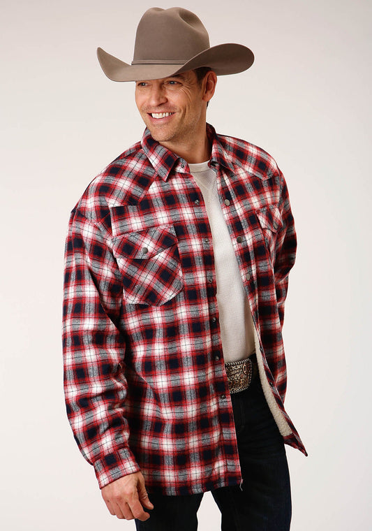 Mens Long Sleeve Tall Fit Snap Sherpa Lined Flannel Shirt Jacket