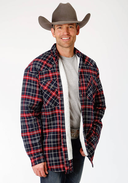 Mens Red And Navy Plaid Flannel Sherpa Lined  Snap Western Shirt Jacket - T
