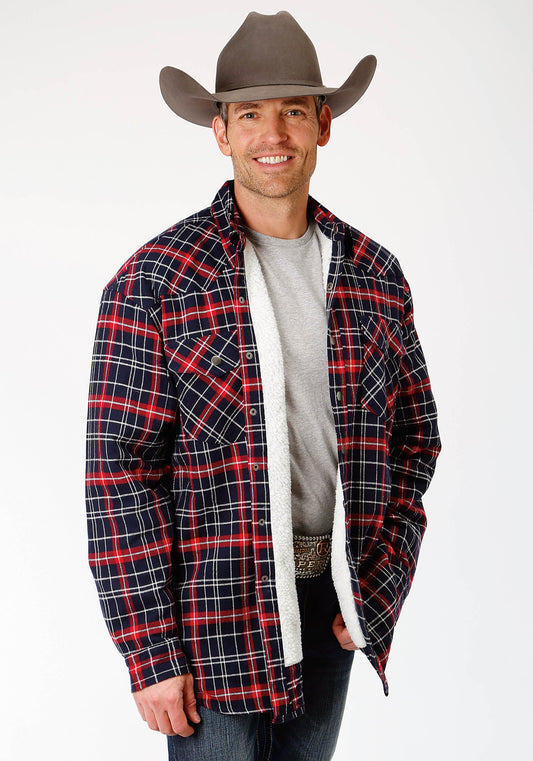 Mens Red And Navy Plaid Flannel Sherpa Lined  Snap Western Shirt Jacket - T