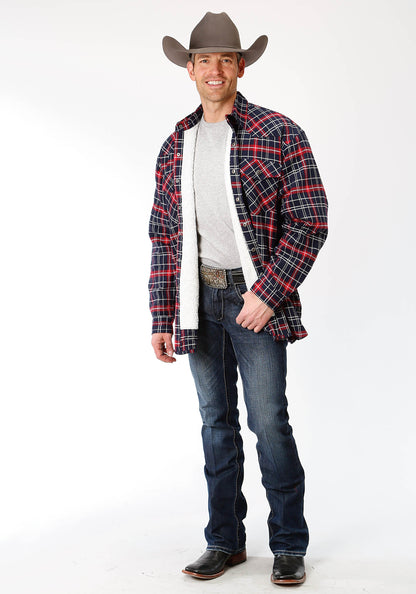 Mens Red And Navy Plaid Flannel Sherpa Lined  Snap Western Shirt Jacket - T