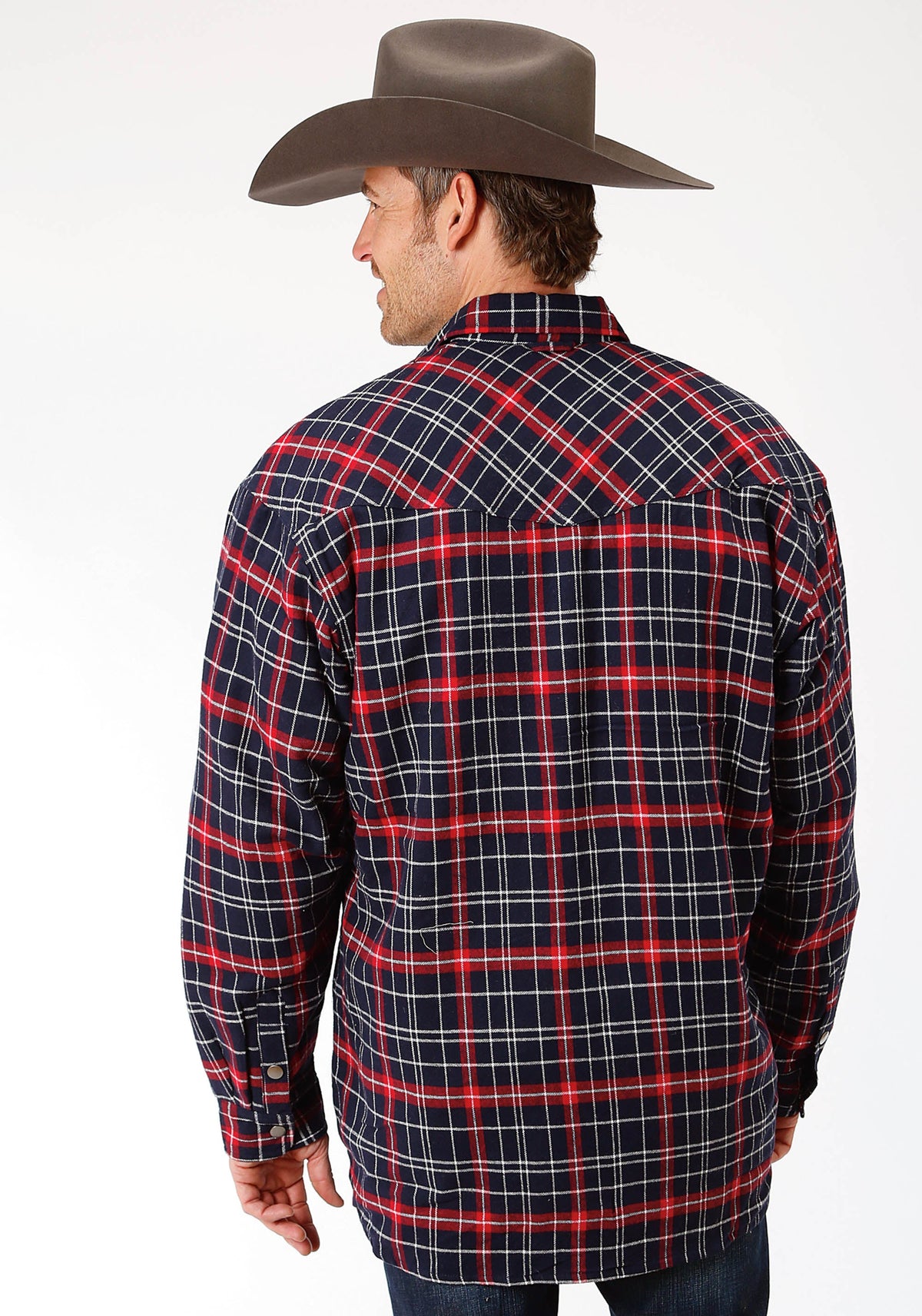 Mens Red And Navy Plaid Flannel Sherpa Lined  Snap Western Shirt Jacket - T