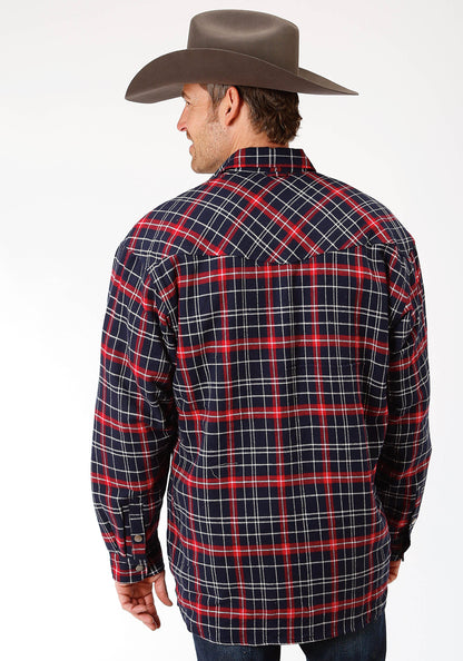 Mens Red And Navy Plaid Flannel Sherpa Lined  Snap Western Shirt Jacket - T
