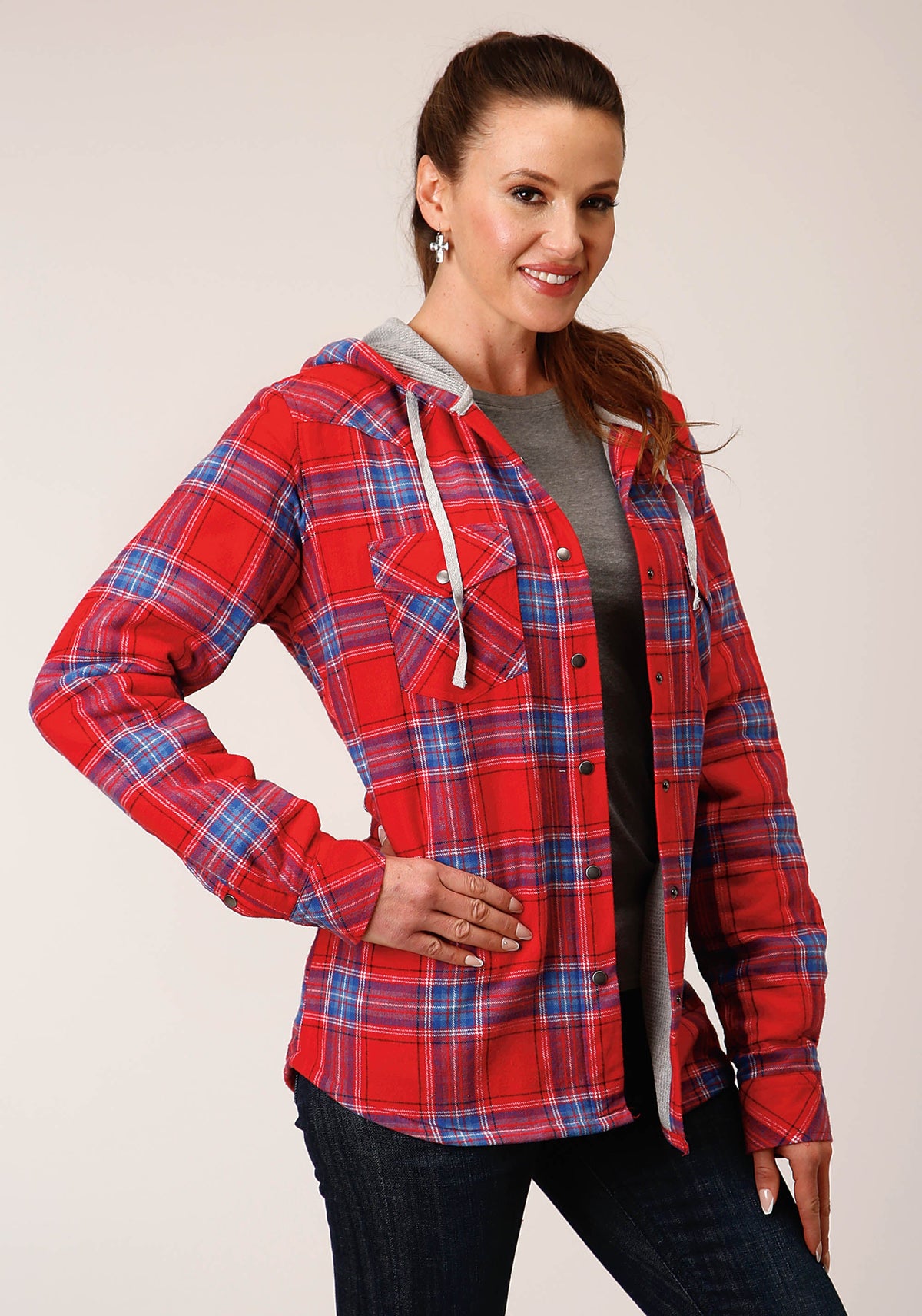 Womens Snap Thermal Lined Flannel Shirt Jacket Coral Blue White Plaid