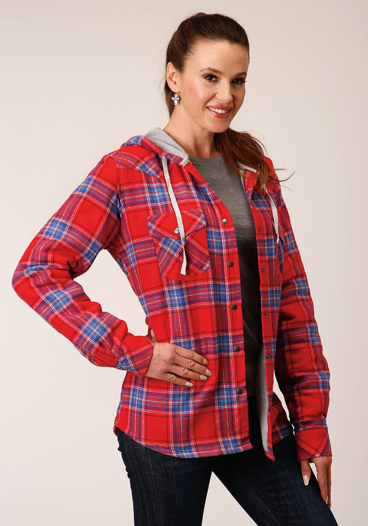 Womens Snap Thermal Lined Flannel Shirt Jacket Coral Blue White Plaid