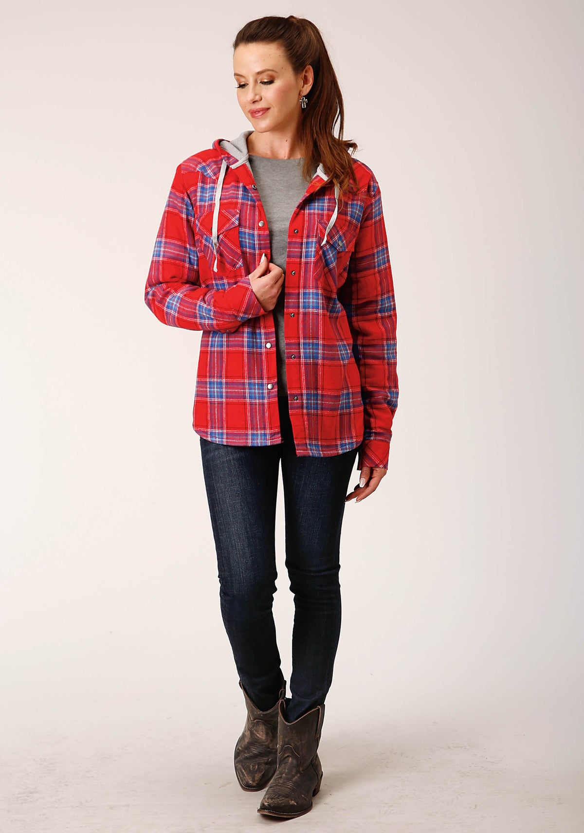 Womens Snap Thermal Lined Flannel Shirt Jacket Coral Blue White Plaid