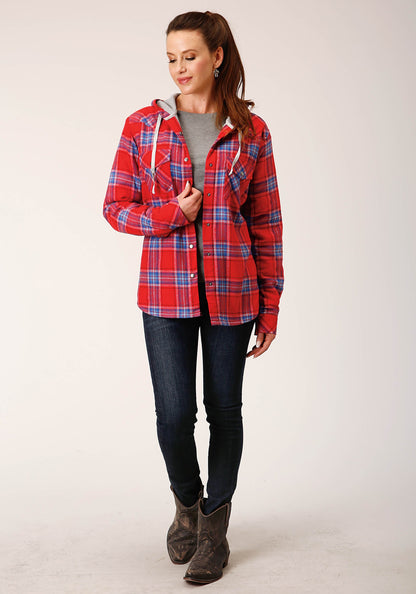 Womens Snap Thermal Lined Flannel Shirt Jacket Coral Blue White Plaid