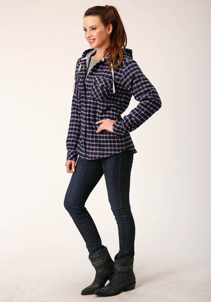 Womens Snap Thermal Lined Flannel Shirt Jacket Navy Pink White Plaid