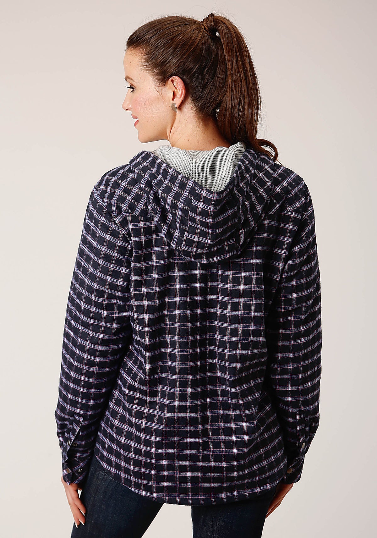 Womens Snap Thermal Lined Flannel Shirt Jacket Navy Pink White Plaid