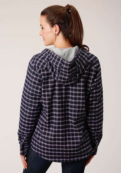 Womens Snap Thermal Lined Flannel Shirt Jacket Navy Pink White Plaid