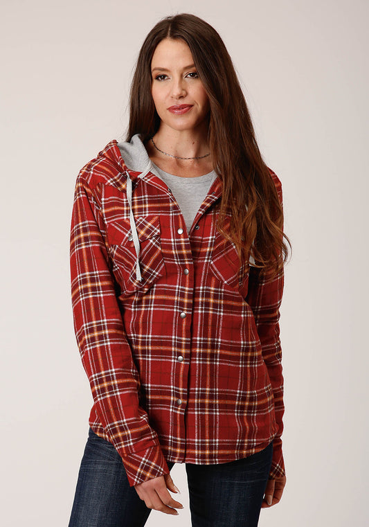 Womens Snap Thermal Lined Flannel Shirt Jacket Rust Wine Gold Plaid