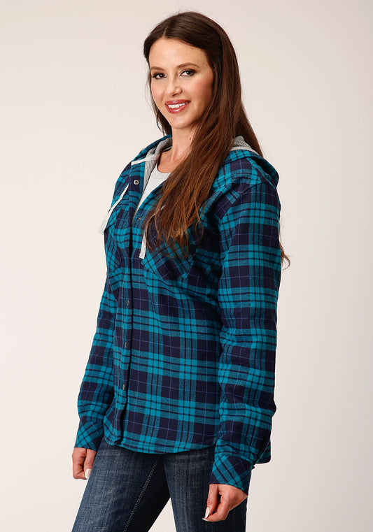 Womens Snap Thermal Lined Flannel Shirt Jacket Turquoise Navy Plaid