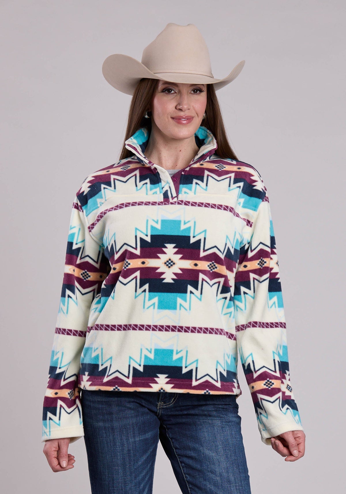 Womens Jacket Snap Large Aztec Print Fleece Pullover Western Jacket