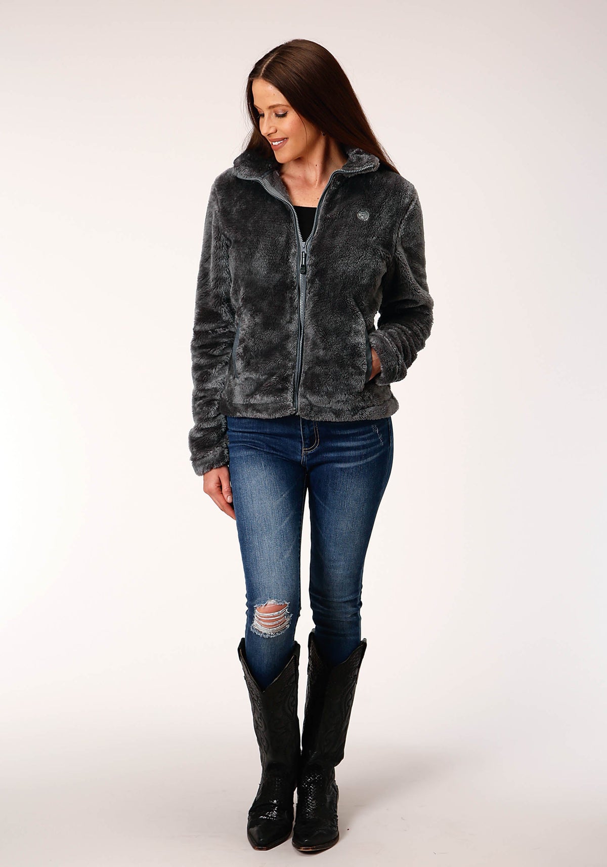 Womens Charcoal Grey 2 Sided Fuzzy Fleece Pullover