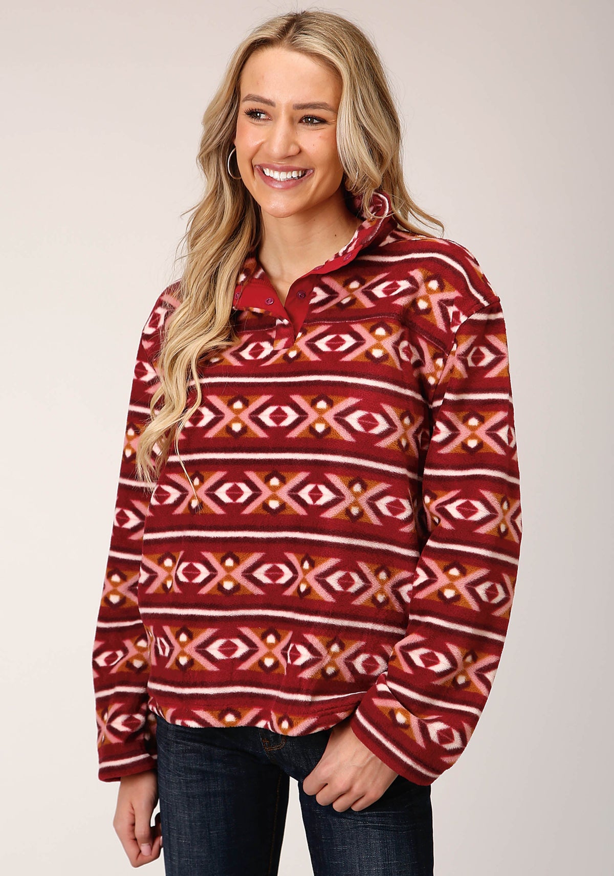 Womens Berry Aztec Print Fleece Pullover